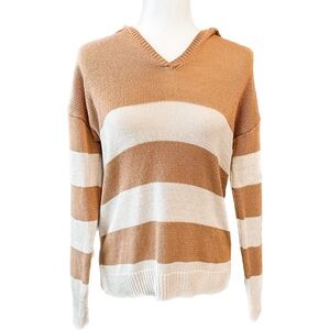 Marled Reunited Knitted Sweater Women’s Small Hooded V-Neck Brown Cream Stripes